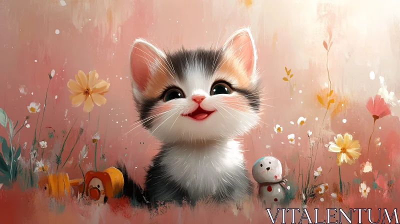 Adorable Kitten in a Flower Field AI Image