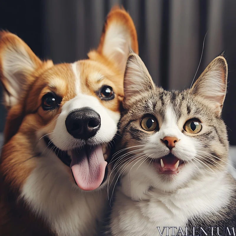 Happy Pets: Corgi Dog and Striped Cat Friendship AI Image