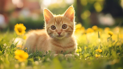 Orange and White Kitten in a Flower-Adorned Grassy Field