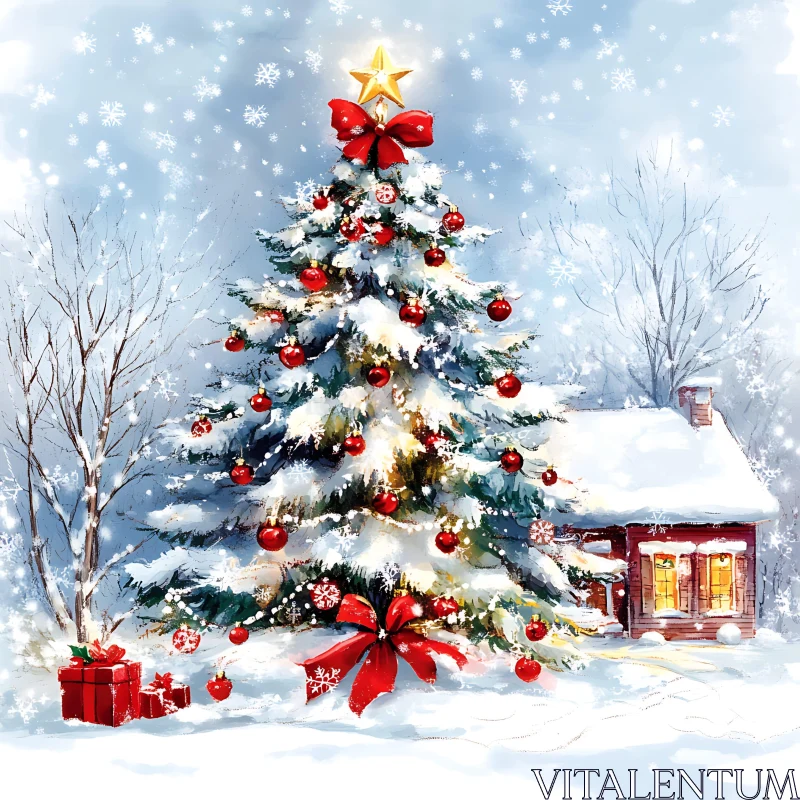 Snowy Holiday Tree with Cottage and Red Ornaments AI Image