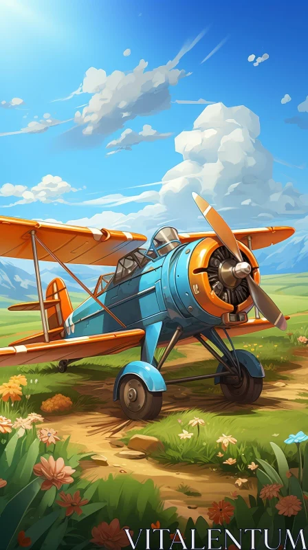 Colorful Biplane in Grassy Field - Cartoon Style AI Image