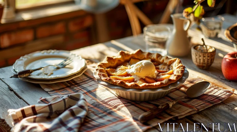 Delicious Apple Pie with Vanilla Ice Cream on Wooden Table AI Image