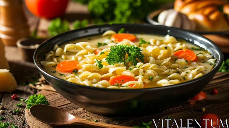 Delicious Chicken Noodle Soup on a Rustic Wooden Table AI Image