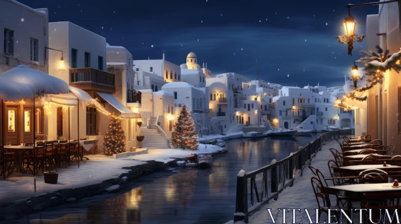 Enchanting Winter Night in a Greek-inspired City AI Image
