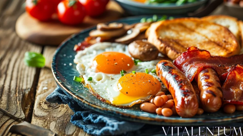 Exquisite English Breakfast on Blue Plate | Gourmet Delights AI Image