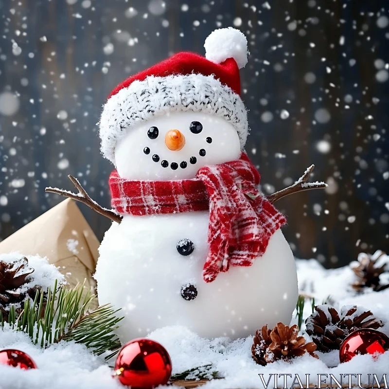 Festive Snowman with Santa Hat and Scarf AI Image