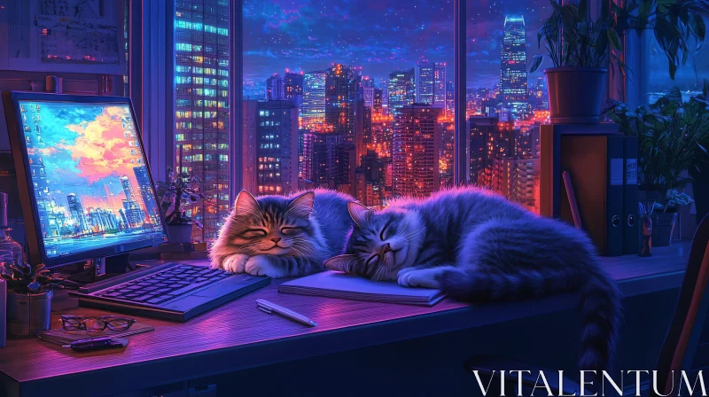 AI ART Office Cats Asleep Amidst Urban Night Lights