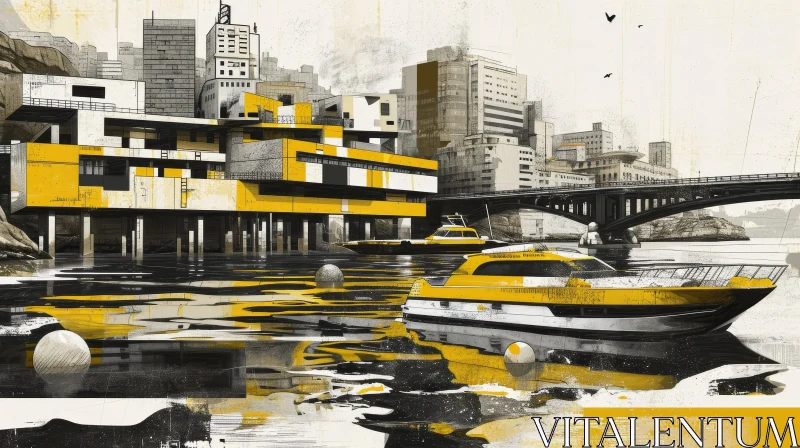 Futuristic Cityscape Digital Painting with River and Bridge AI Image