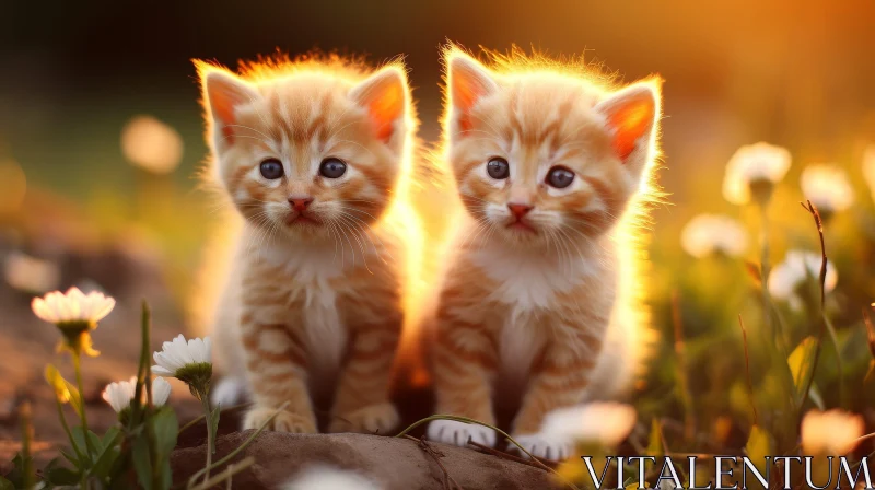 Ginger Kittens in Flower Field at Sunset AI Image