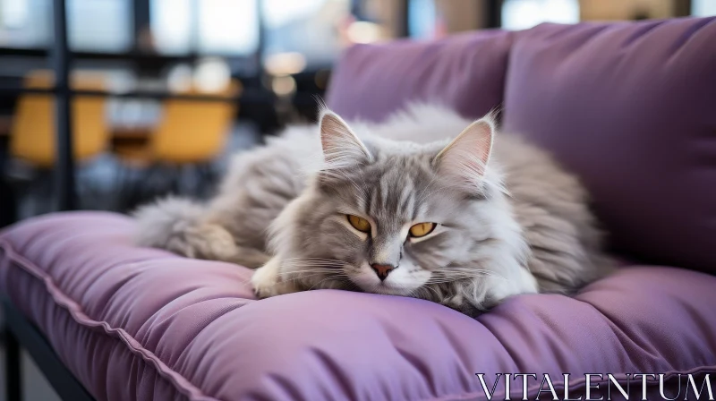 Gray Cat on Purple Pillow AI Image