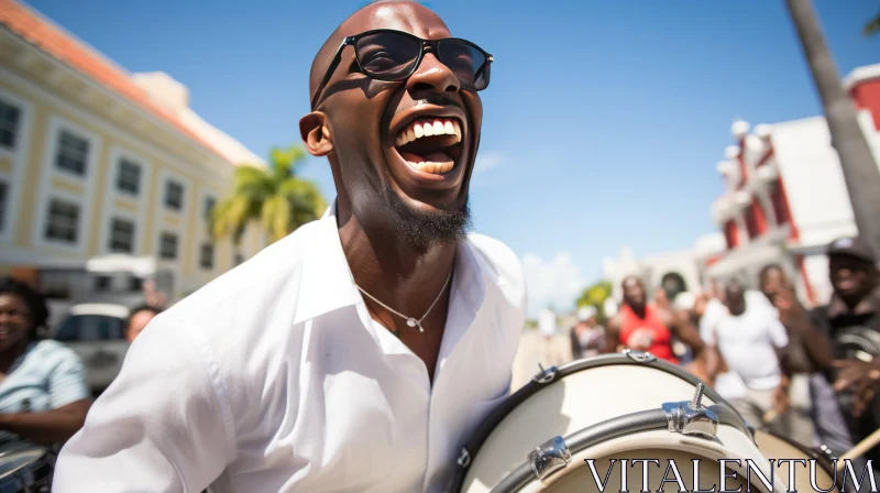 AI ART Joyful Drummer in Santo Domingo, Bahamas - Street Carnival Spirit