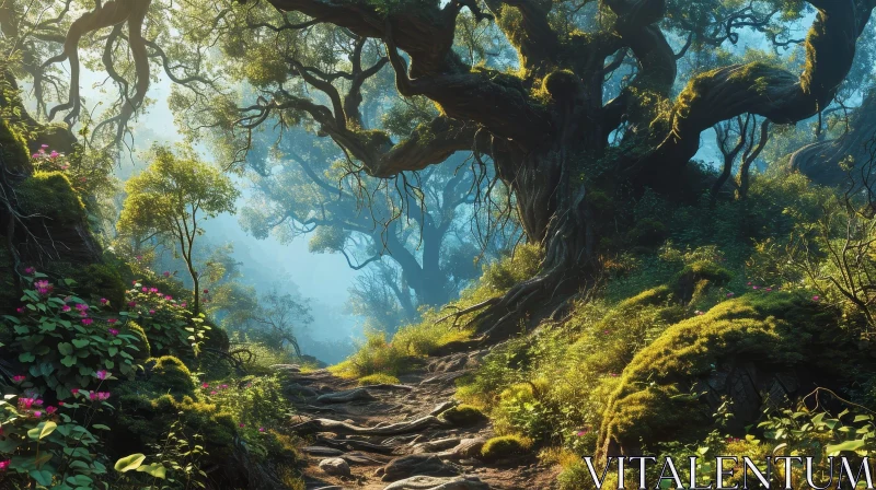 Majestic Forest Landscape with Sunlight and Tranquil Path AI Image