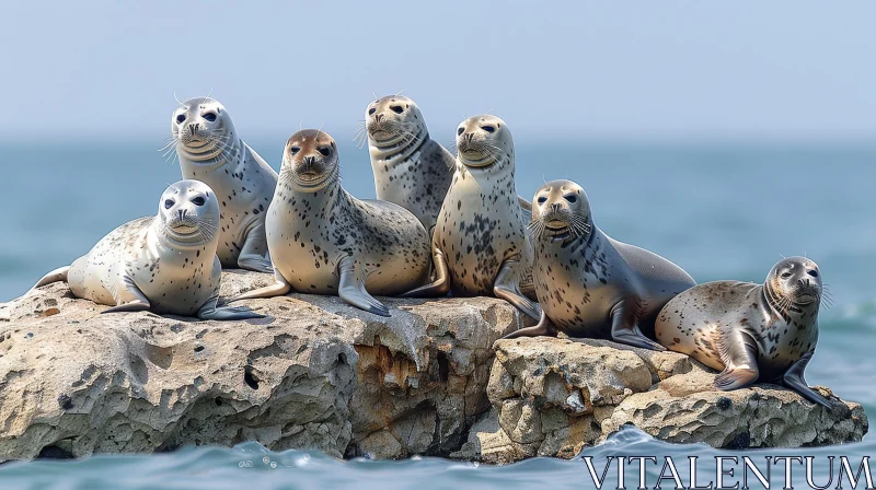 AI ART Seals Gathering on Rock: Majestic Ocean Scene