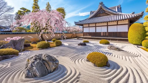 Tranquil Zen Garden with Blossoming Tree and Japanese House
