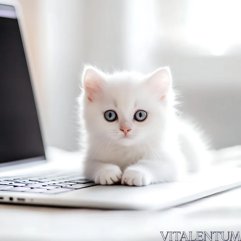 Cute White Kitten on Laptop AI Image