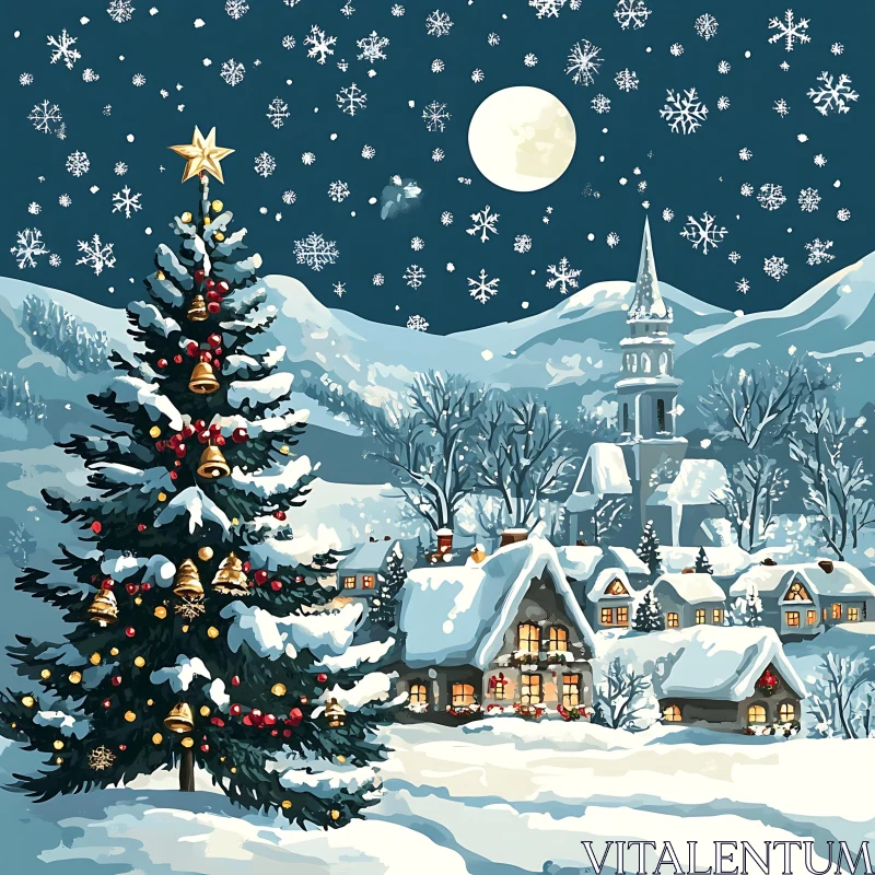 Christmas Night in a Snowy Village AI Image