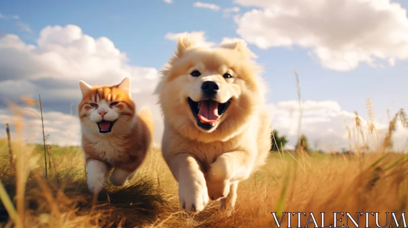 Happy Dog and Cat Racing Through a Sunny Meadow AI Image