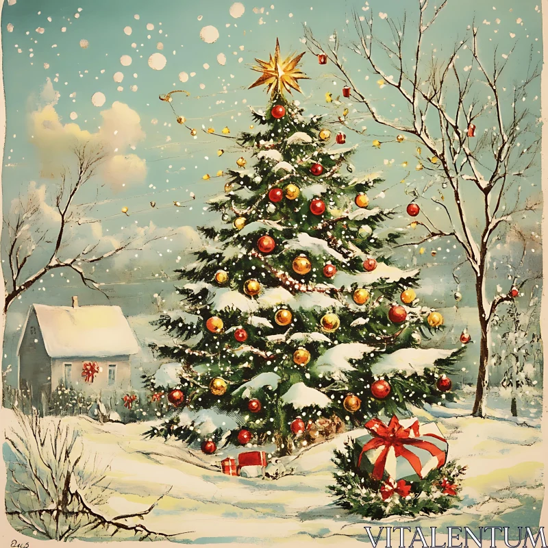 Festive Christmas Tree in Snowy Scene AI Image