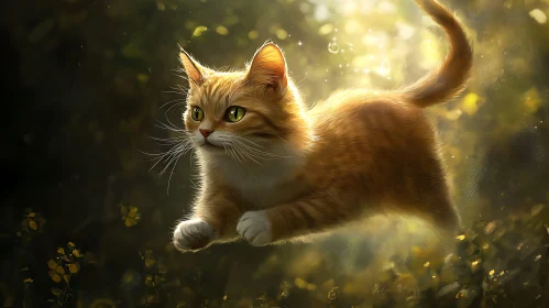 Cat Leaping in Sunlit Forest