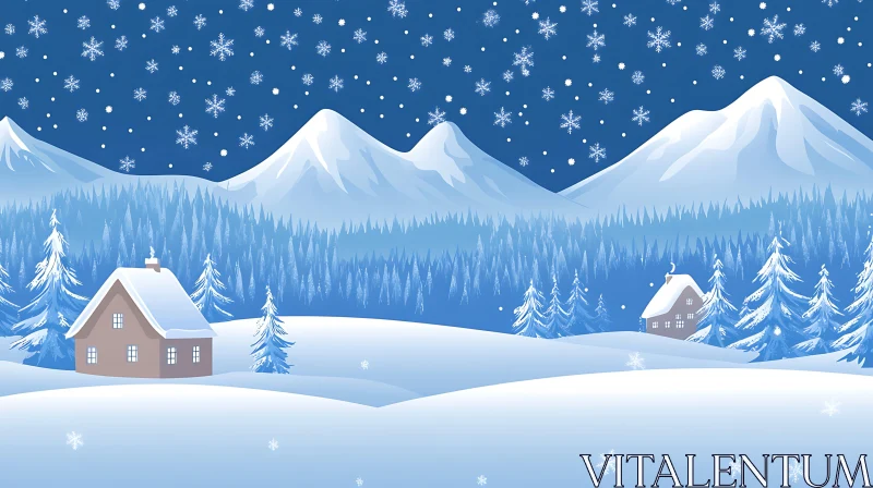 AI ART Winter Wonderland with Snowflakes and Mountains