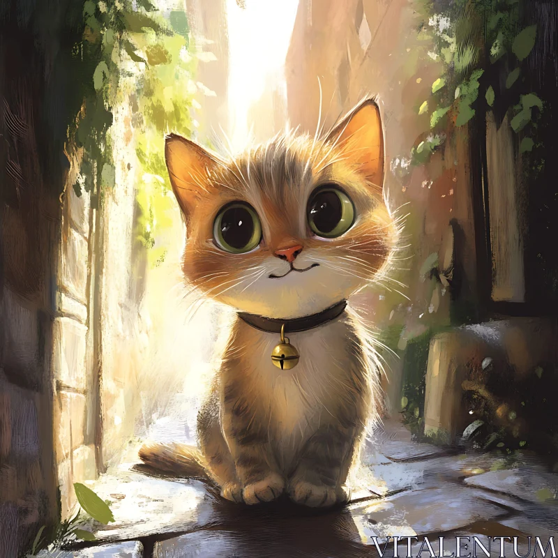 Charming Kitten in Sunlit Alleyway AI Image