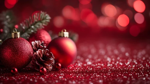 Holiday Decorations with Red Ornaments and Pinecones