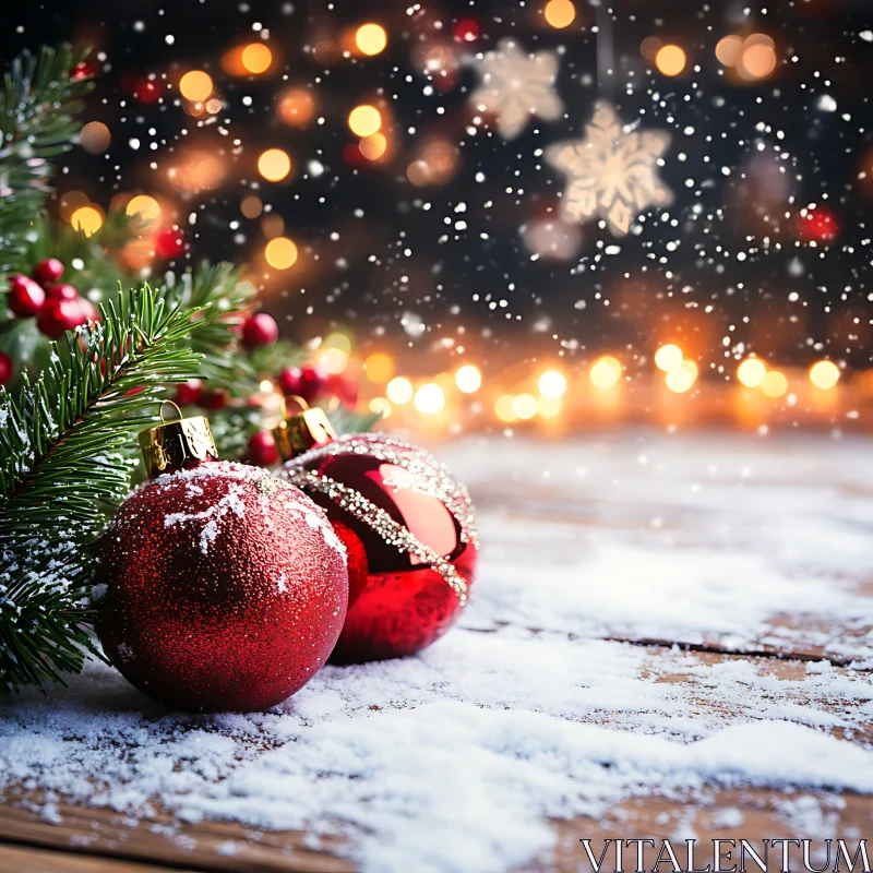 Red Christmas Ornaments on Snow with Holiday Lights Background AI Image