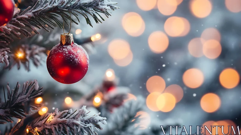 Festive Red Ornament on Snow-Dusted Christmas Tree AI Image