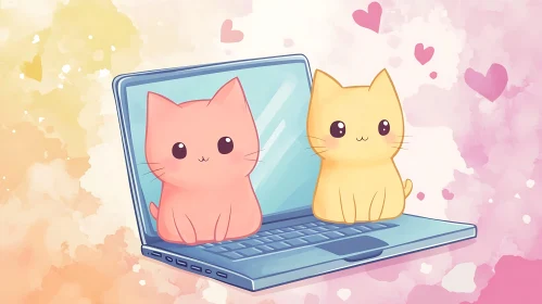 Charming Cartoon Cats on Laptop