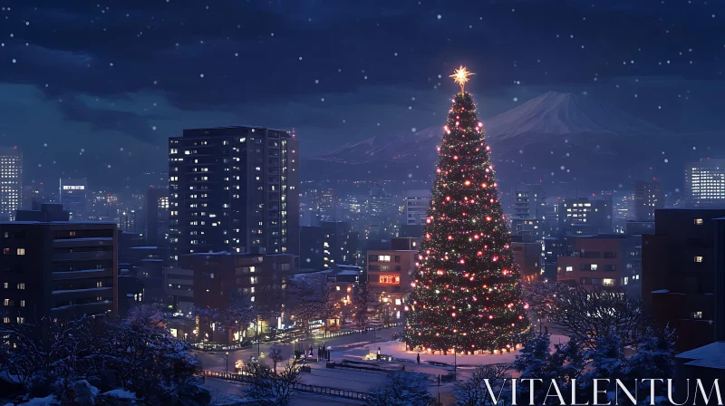 AI ART Illuminated Holiday Tree in Urban Winter Scene