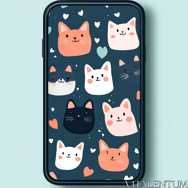 Animated Cat Faces and Hearts Illustration on Phone AI Image