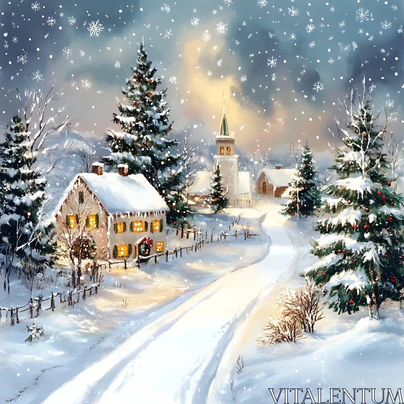 Snowy Christmas Village at Night AI Image