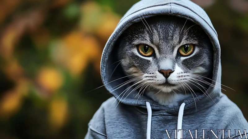 Adorable Grey Cat in Hoodie with Yellow Eyes AI Image