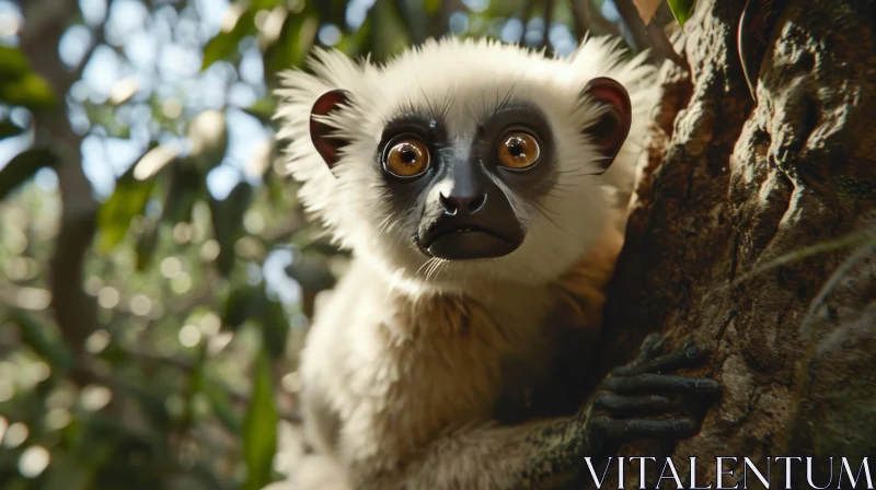 Close-up of a Lemur with Fluffy White Fur AI Image