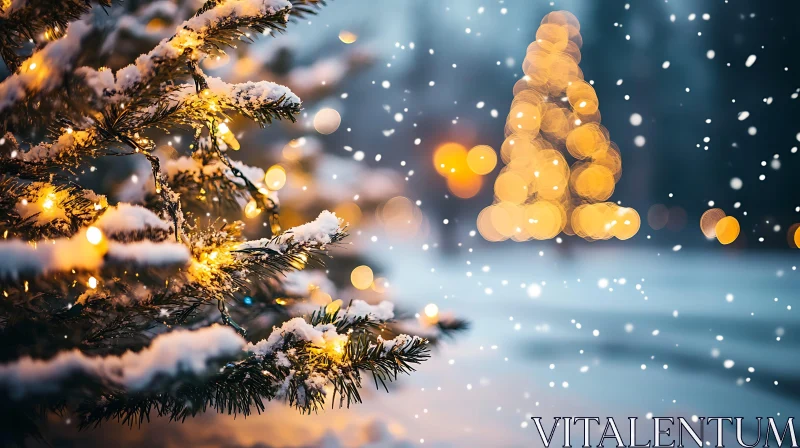 Serene Snowy Christmas Lights with Golden Bokeh AI Image