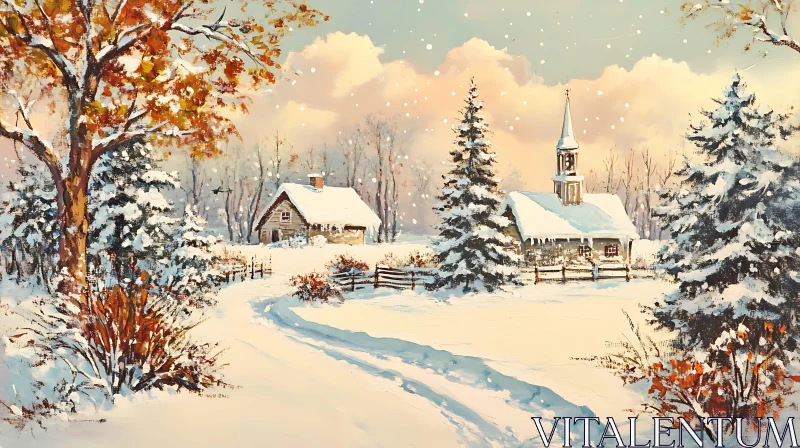 AI ART Snowy Countryside with Cottage and Church