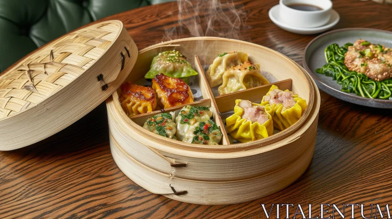 AI ART Delicious Dumplings in a Bamboo Steamer on Wooden Table