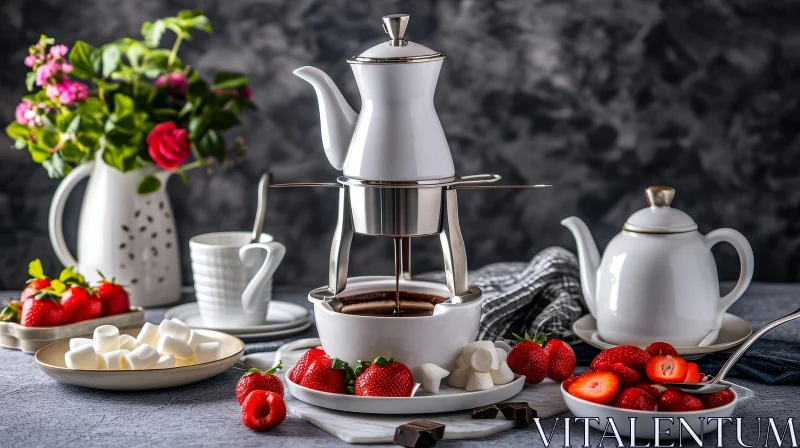 Elegant White Ceramic Fondue Set with Melted Chocolate and Strawberries AI Image