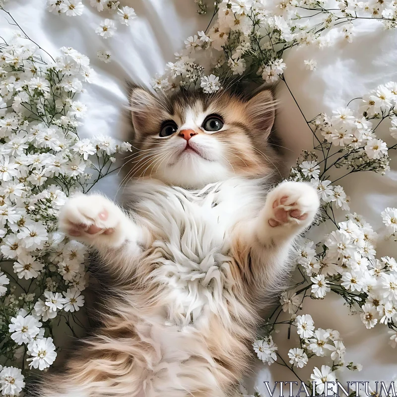 Cute Kitten Amidst White Blossom AI Image