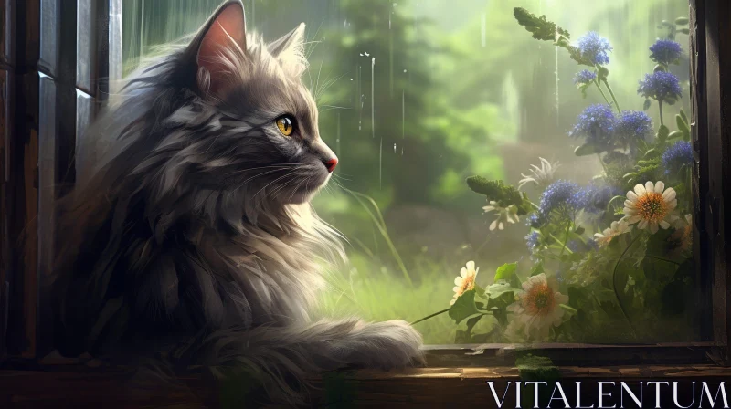 Gray Cat Looking Out Window on Rainy Day AI Image