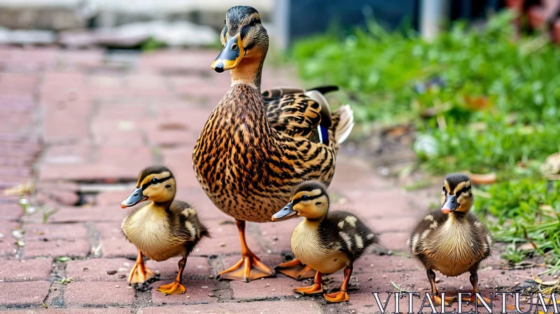 AI ART Mother Duck and Ducklings on Brick Path