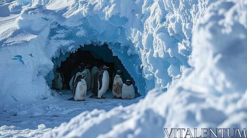 Penguins Huddling in Ice Cave | Winter Wildlife Photography AI Image