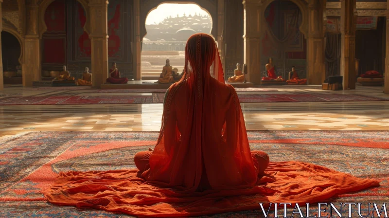 Red Sari Woman Meditating in Temple AI Image