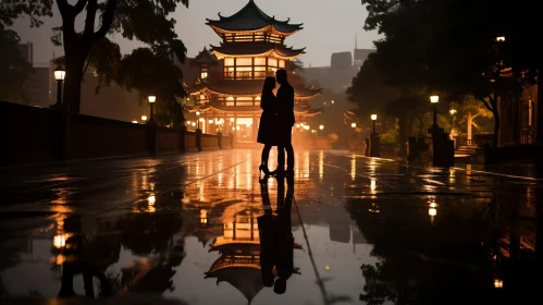 Silhouette of Young Couple in Rain at Chinese Pagoda - Neo-Geo Style