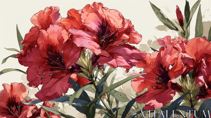 Vibrant Watercolor Painting of Red Flowers in Close-Up View AI Image