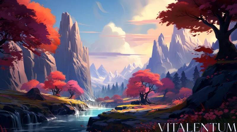 Zen-Inspired Mountain Landscape with Waterfall AI Image