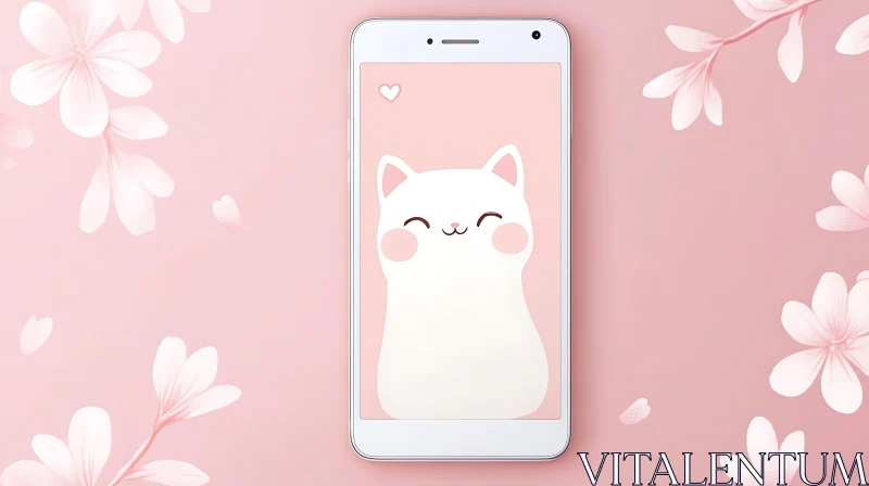 Adorable White Cat on Smartphone with Pink Floral Theme AI Image