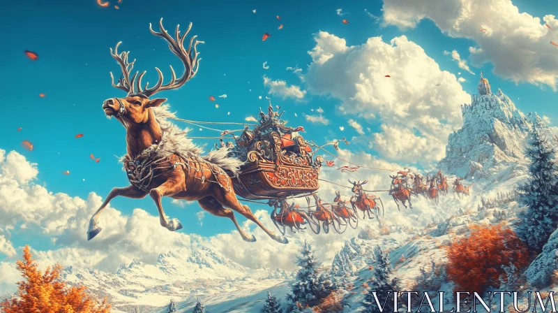 Festive Reindeer and Sleigh in Snowy Landscape AI Image