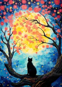 Charming Cat and Moonlit Blossoms Painting