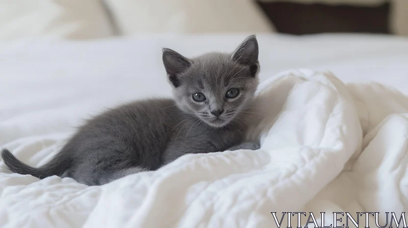 Cute Gray Kitten on Cozy White Blanket AI Image